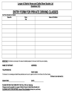 Fillable Online Lurganshow Co Entry Form For Private Driving Classes