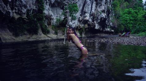 Cute Asian Girl In Bikini Chilling By A Rope In The River Thailand Stock Video Video Of Girl