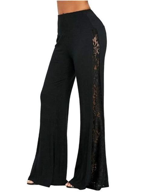 Fashionsierra Womens Black Side Lace Patchwork Pants Wide Leg Flare