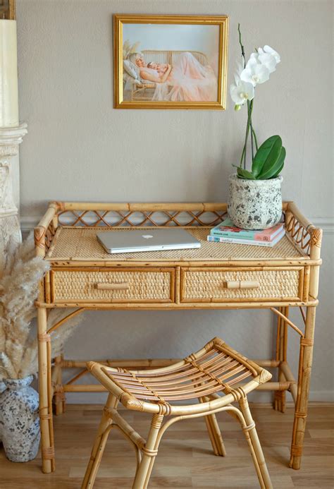 Midcentury Bamboo Dressing Table With A Stool Rattan Desk Etsy