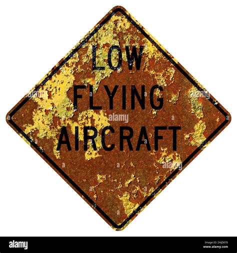 Old Rusty American Road Sign Low Flying Aircraft Delaware Stock