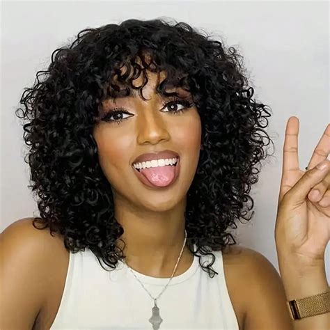 Short Kinky Curly Human Hair Wigs With Bangs Brazilian Bob Kinky Curly