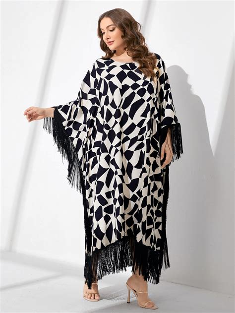 Shein Najma Plus Allover Print Fringe Trim Batwing Sleeve Dress Shein Uk