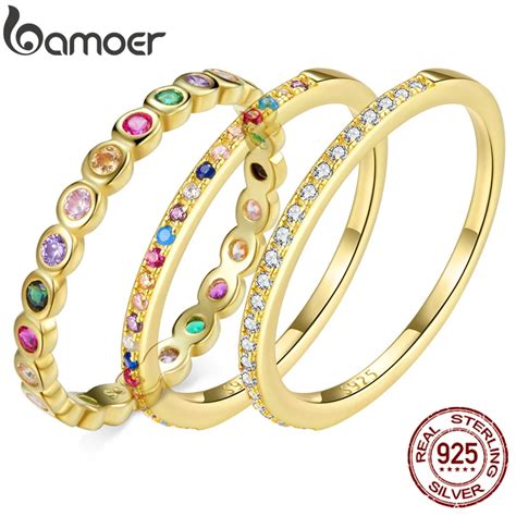 Bamoer Spaanse Stijl 925 Sterling Zilveren Regenboog Ring Goud Kleur