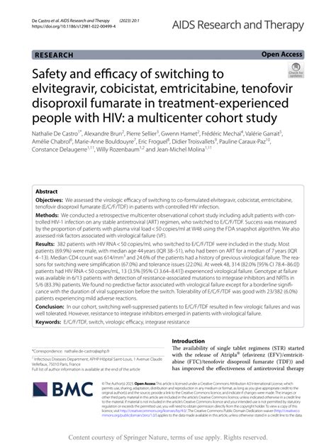 Pdf Safety And Efficacy Of Switching To Elvitegravir Cobicistat Emtricitabine Tenofovir