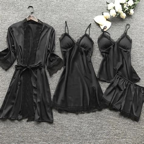 Sexy Lingerie Set Womens Silk Robe Sets Lace Bathrobe Nightdress