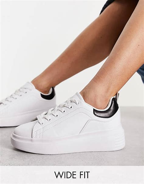 Truffle Collection Wide Fit Chunky Sole Sneakers In White With Black Back Tab Asos