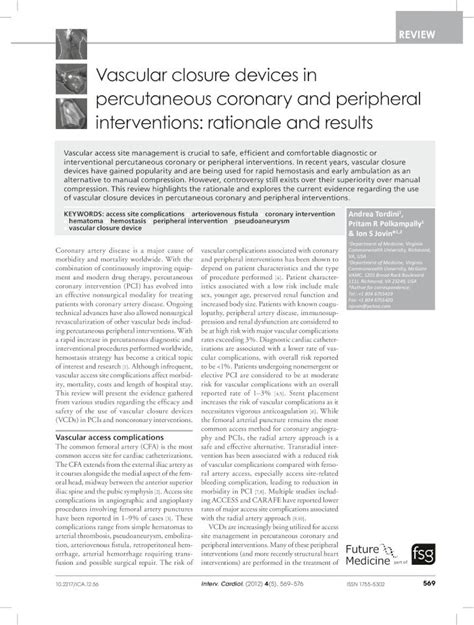 Pdf Vascular Closure Devices In Percutaneous Coronary And Peripheral