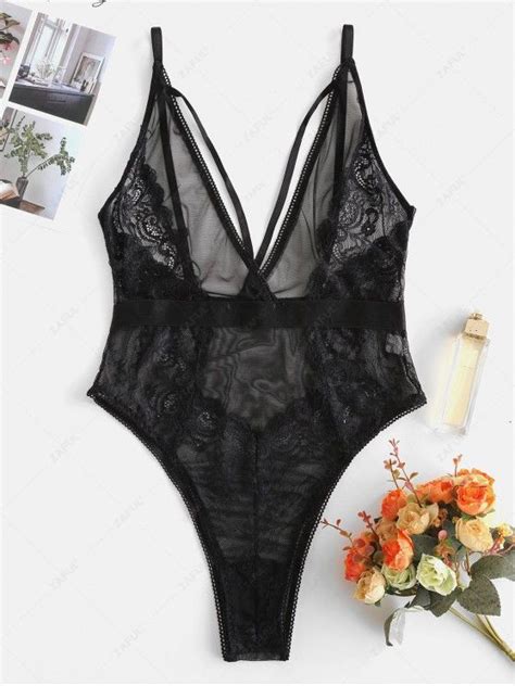 OFF Lace High Waisted Sheer Lingerie Teddy In BLACK ZAFUL