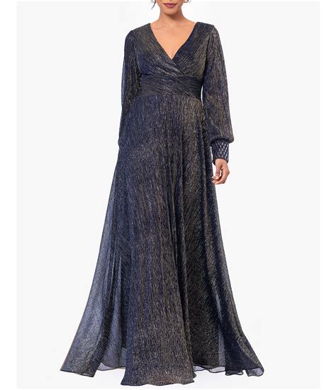 Betsy And Adam Metallic Crinkle V Neck Long Sleeve Beaded Cuff Gown