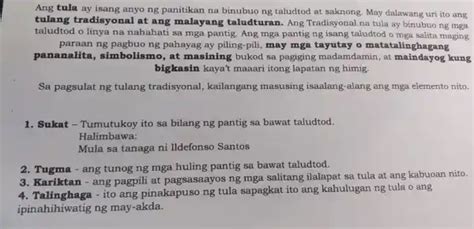 ang tula ay isang anyo ng panitikan na binubuo ng taludtod at saknong ...