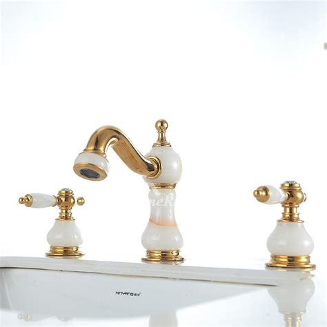 Marble Widespread 3 Hole Bathroom Sink Faucets Gold Two Tone Luxury Polished Brass White Jade