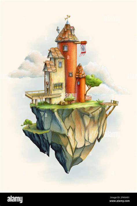 Fantasy tower standing on a rock floating in the sky. Ink and colored ...