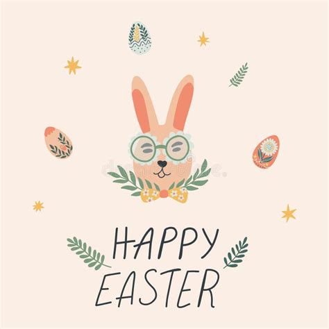 Happy Easter Card With Bunny In A Bow Tie Lettering Flowers And