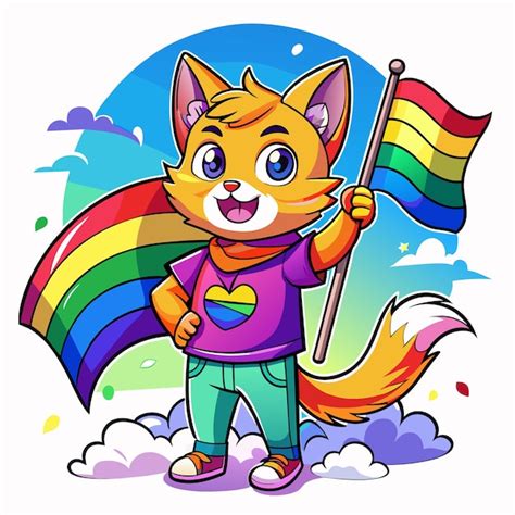 Un Gato De Dibujos Animados Con Una Bandera De Arco Iris Y Un Arco Ris