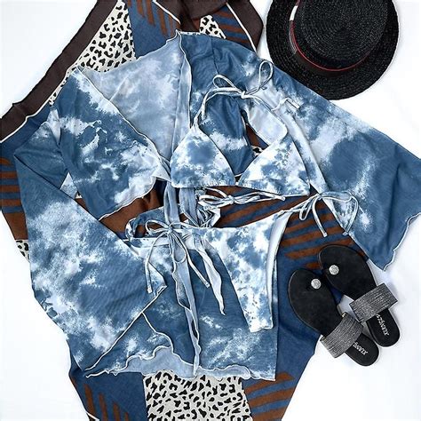 Halter String Bikini Tie Dye Swimwear Female Long Sleeves 4 Pieces Set