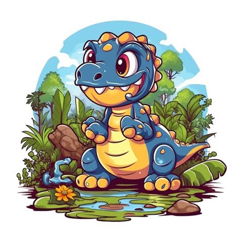 Una caricatura de un dinosaurio con un cielo azul y árboles en el fondo