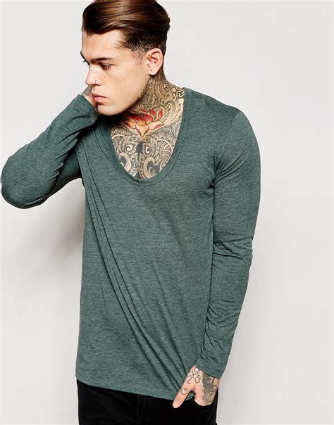 Lyst Asos Longline Long Sleeve T Shirt With Deep Scoop Neck In Green