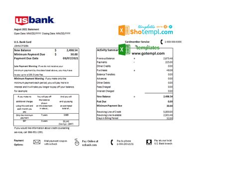 USA U S Bank Credit Card Statement Template In Xls And Pdf File Format