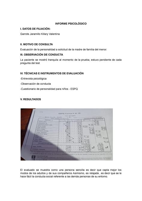 Informe Psicol Gico Espq Final Junio Informe Psicol Gico I