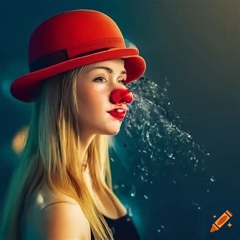 Blonde Freckled Woman With A Red Clown Nose And A Bowler Hat Spraying