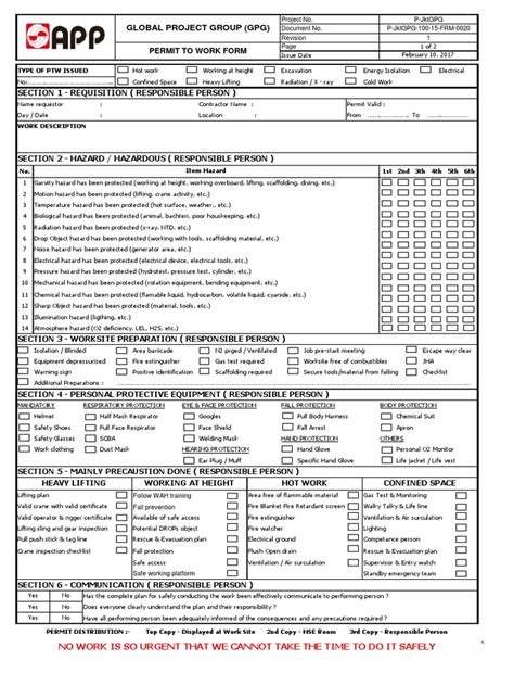 Ptw Form 1 1 Pdf Hazards Personal Protective Equipment