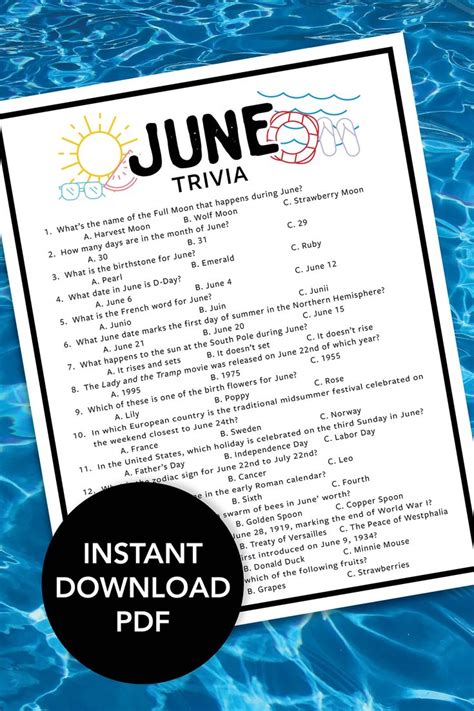 June Trivia June Trivia Game Printable June Trivia Month Trivia Game