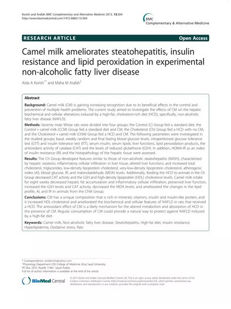 Pdf Camel Milk Ameliorates Steatohepatitis Insulin Resistance And