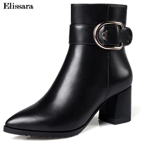 Elissara Women Mid Heel Ankle Boots Women Genuine Leather Boots Black