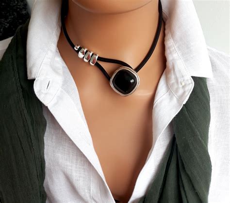 Black Button Choker Necklace Boho Chic Silver Choker Leather Etsy In