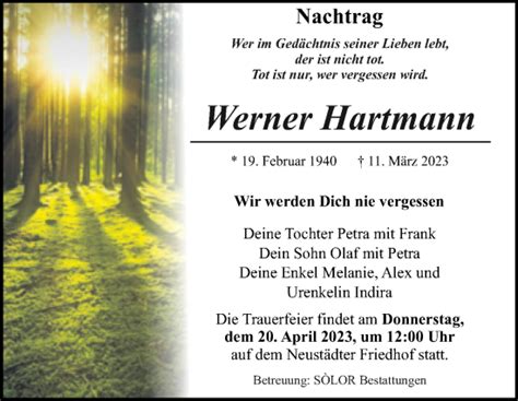 Traueranzeigen Von Werner Hartmann Abschied Nehmen De