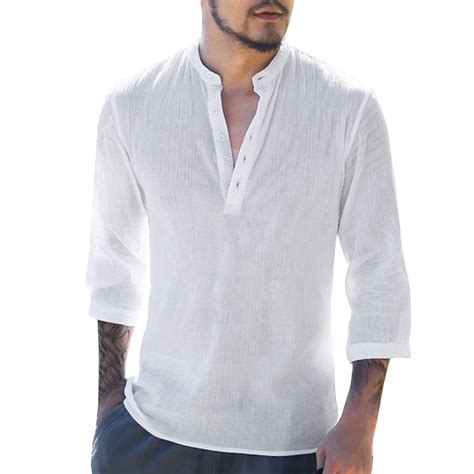 Mens Long Sleeve Henley Shirt Cotton Linen Beach Yoga Loose Fit Henleys