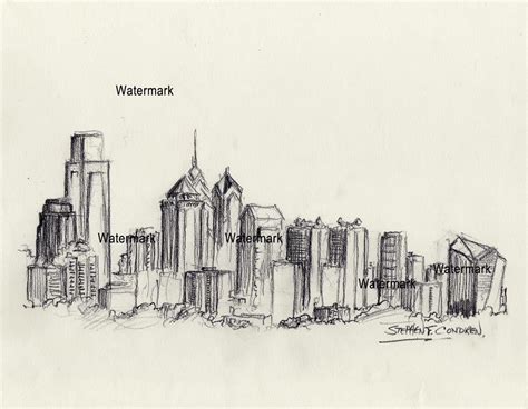 Philadelphia skyline charcoal drawing of downtown skyscrapers