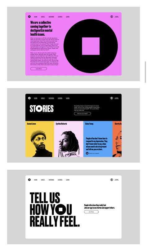 The Website Design For Stories Is Shown In Three Different Colors And