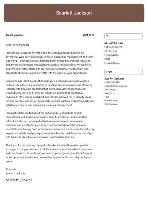 Area Supervisor Cover Letter Example For Free Templates