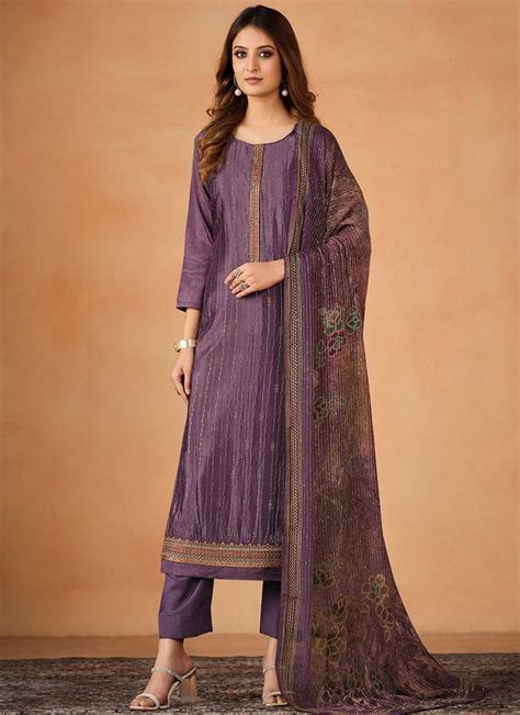 Buy Purple Chinon Embroidered Straight Pant Suit After Six Wear Online