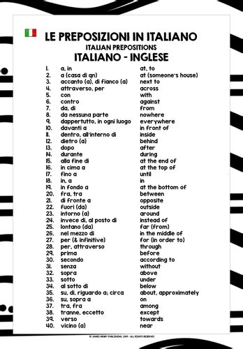 Italian Prepositions List Freebie Teaching Resources