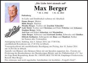 Traueranzeigen von Fußenberg Max Berger Mittelbayerische Trauer