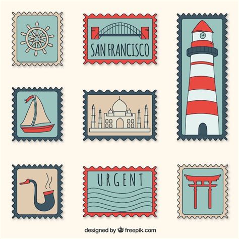 Colección de sellos postales decorativos en estilo retro Vector Gratis