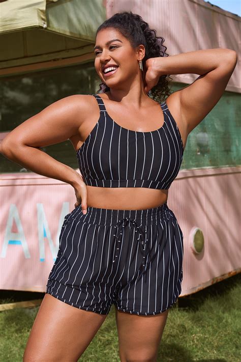 Black Striped Adjustable Straps Timeless Bikini Top With Boy Short Set