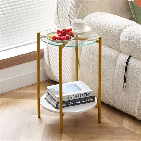 2 Layer End Table With Tempered Glass And Marble Tabletop Round Coffee Table With Metal Frame