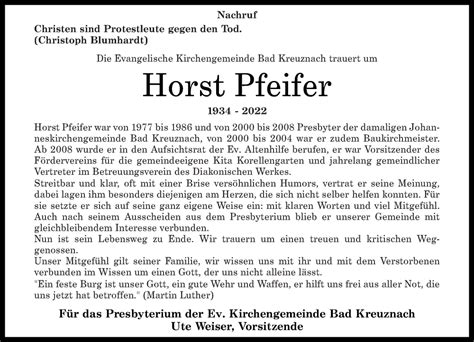 Traueranzeigen Von Horst Pfeifer Rz Trauer De