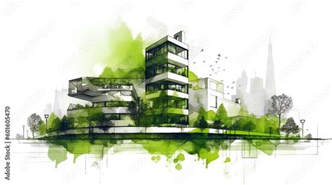 Sketch Of Green Architecture Illustrating A Sustainable Development