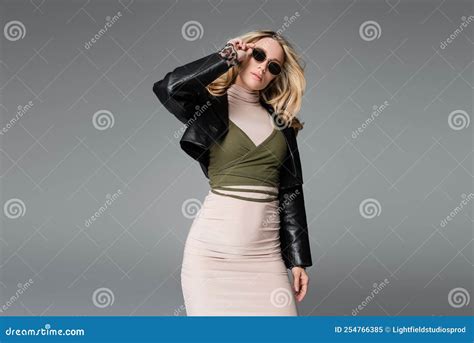 Blonde Woman In Black Leather Jacket Stock Image Image Of Clothing Fall 254766385