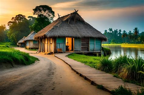 Un Pueblo Con Una Pasarela De Madera Que Conduce Al Agua Foto Premium