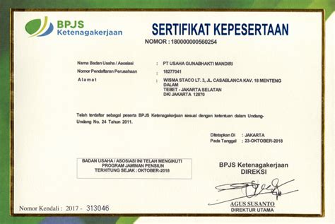 Sertifikat Kepesertaan Bpjs Ketenagakerjaan Pt Usaha Gunabhakti Mandiri