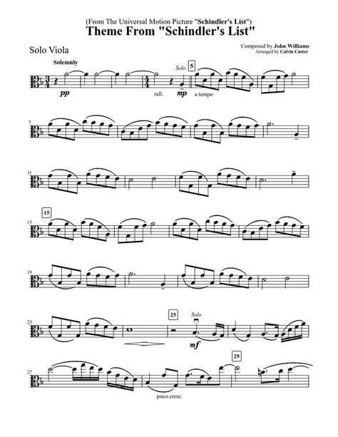 Theme From Schindler S List Sheet Music For Viola Solo Download And Print In Pdf Or Midi