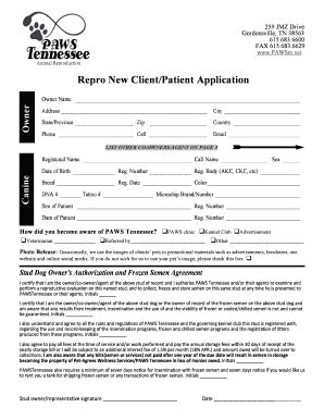 Fillable Online Repro New Client Patient Application Paws Tennessee