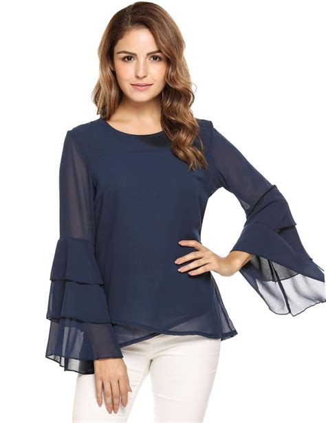 Navy Blue Chiffon Multilayer Bell Blouse