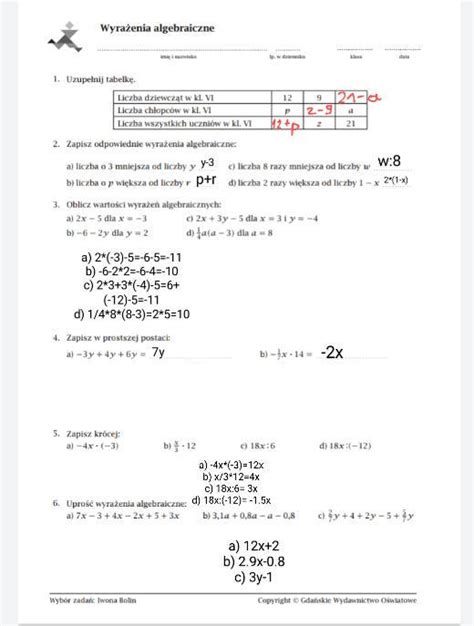 Matematyka Karta Pracy Wyra Enia Algebraiczne Klasa Prosz O Hot